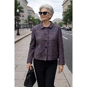 90s VTG Soiree Handwoven Silk Tweed Jacket Multicolor Cropped Boxy L USA